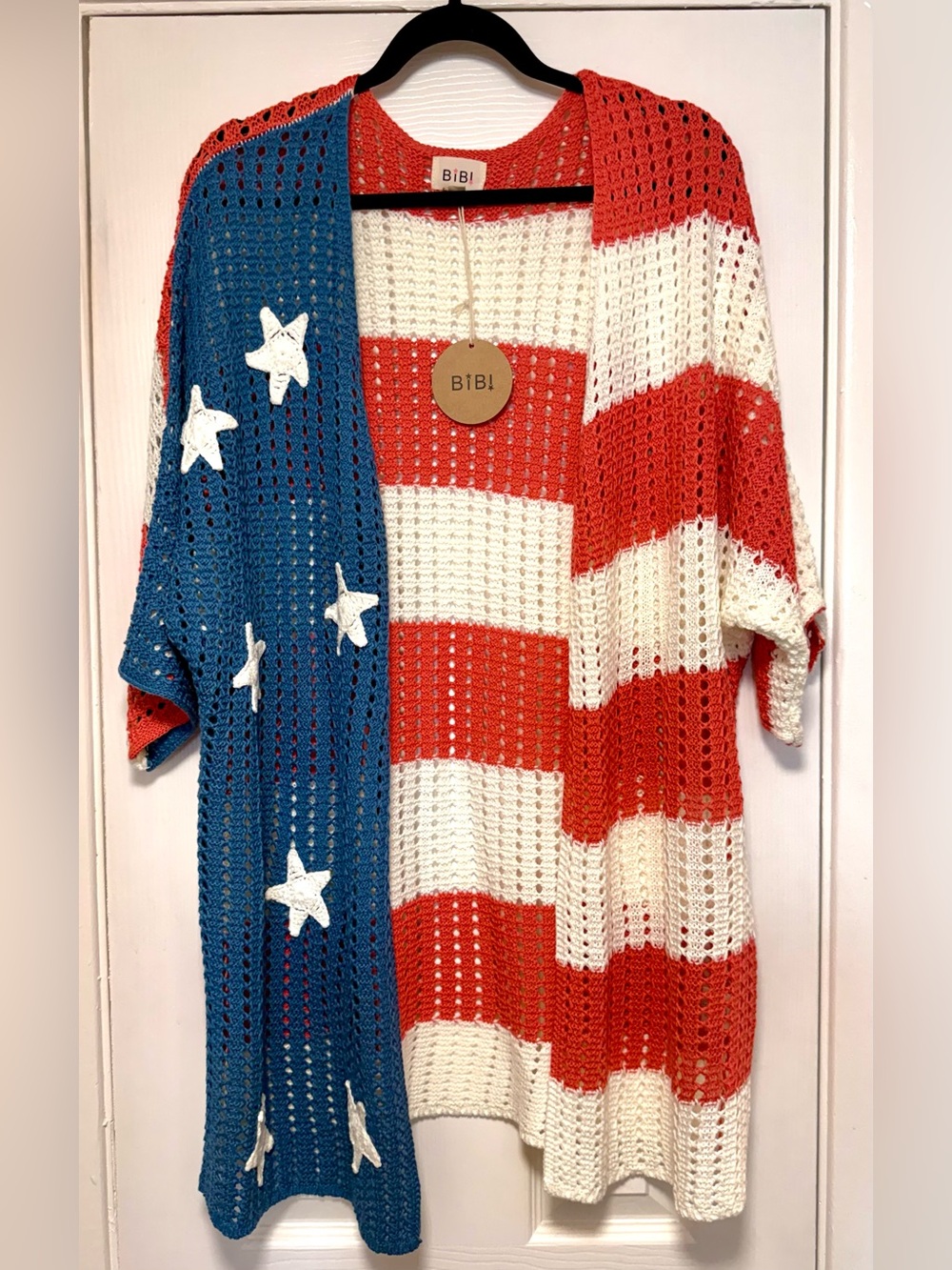 BiBi Red, White & Blue Star Stripe Open-Knit Cardigan